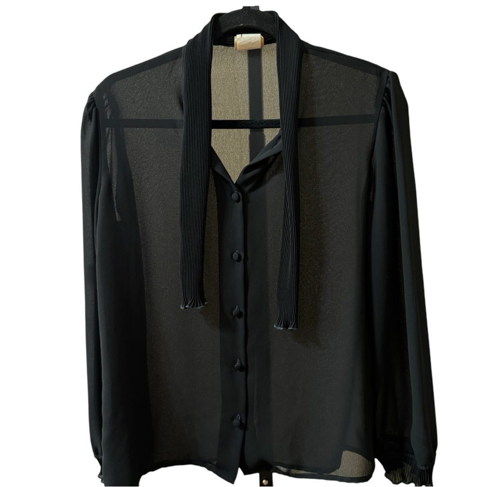 PIERRE LAMONTE Vintage Long Sleeve Blouse Size 6 Button Down Black Sheer
